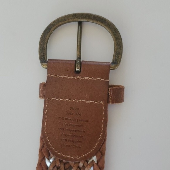 BROWN SILVER WIDE LEATHER BRAIDED WOVEN BELT SIZE MEDIUM BROWN SILVER BRASS - Picture 3 of 5